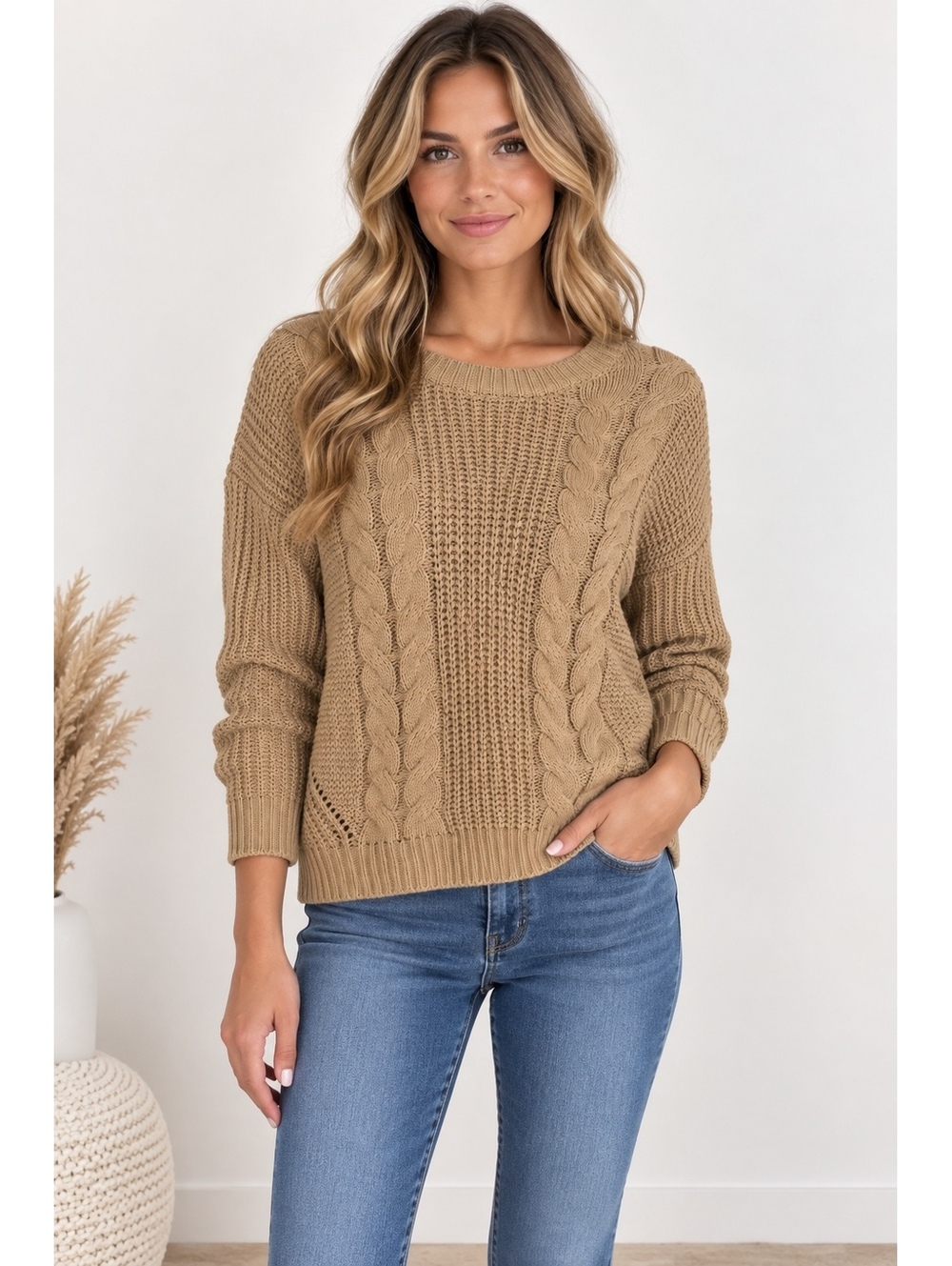Tan Cable Knit Cutout Back Sweater Tunic Open Knit Size 11-13